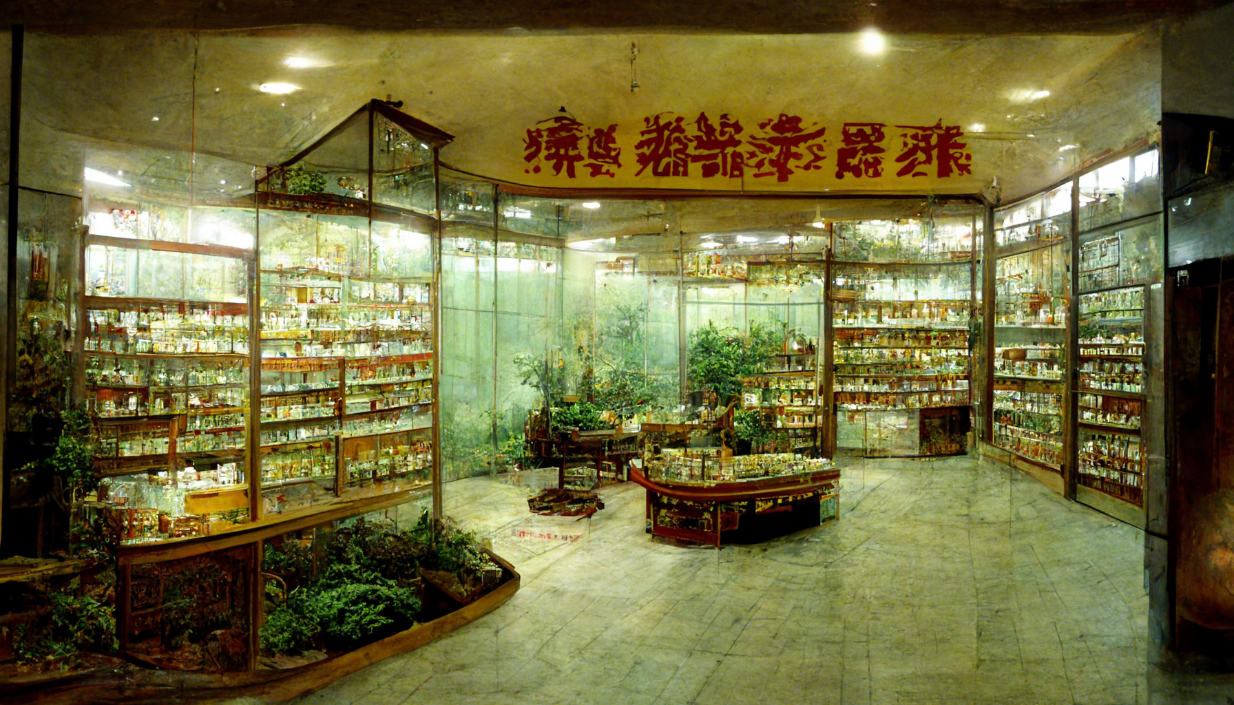 Shelves of packaged medicine, and growing green plants. There is a sign above the shelves written in undecipherable, incorrect chinese