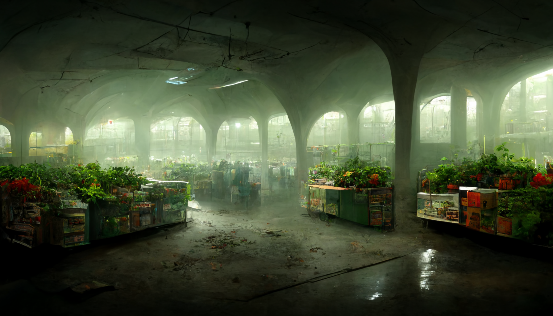 A dark indoor market space, devoid of people. Wide archways show light coming outside. Stalls covered in vegetables and plants are scattered around the area